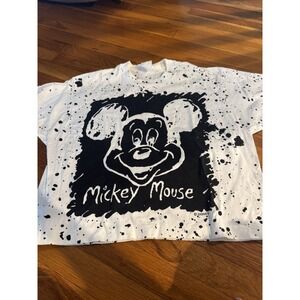 Vintage Disney Mickey Mouse Splattered AOP cropped Shirt Adult‎ M Black White